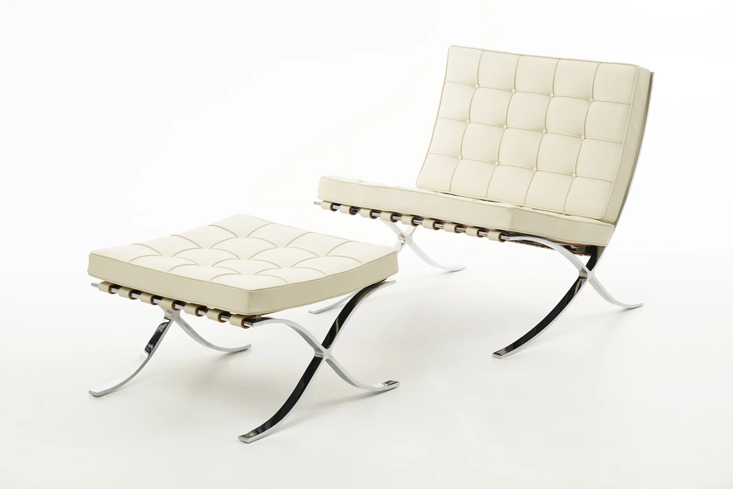 Knoll International Barcelona Sessel & Ottomane Leder / Hellbeige